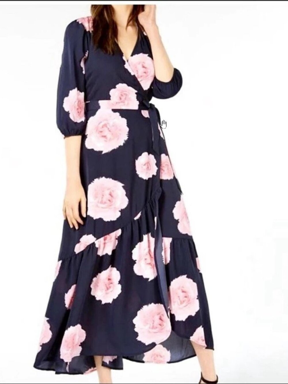 Floral Print Wrap Women's Dress-Bar III-Small Black Pink 3/4 Sleeve Beach Boho - Picture 2 of 16